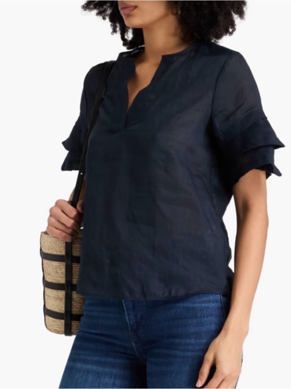 Women's FRAME Ruffled Ramie Top Navy Size Small New Without Tags